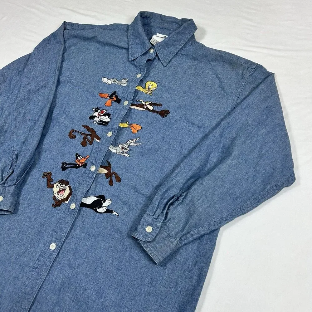Warner Bros. Studio Store Looney Tunes Cotton Chambray Blue Shirt Embroidered - Picture 4 of 16
